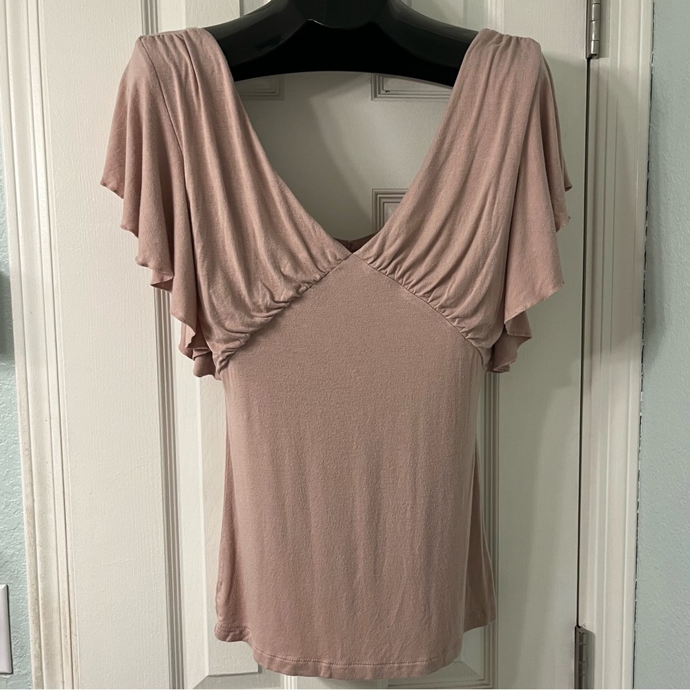 Yoki V Neck Flutter Sleeve Blush Pink Top